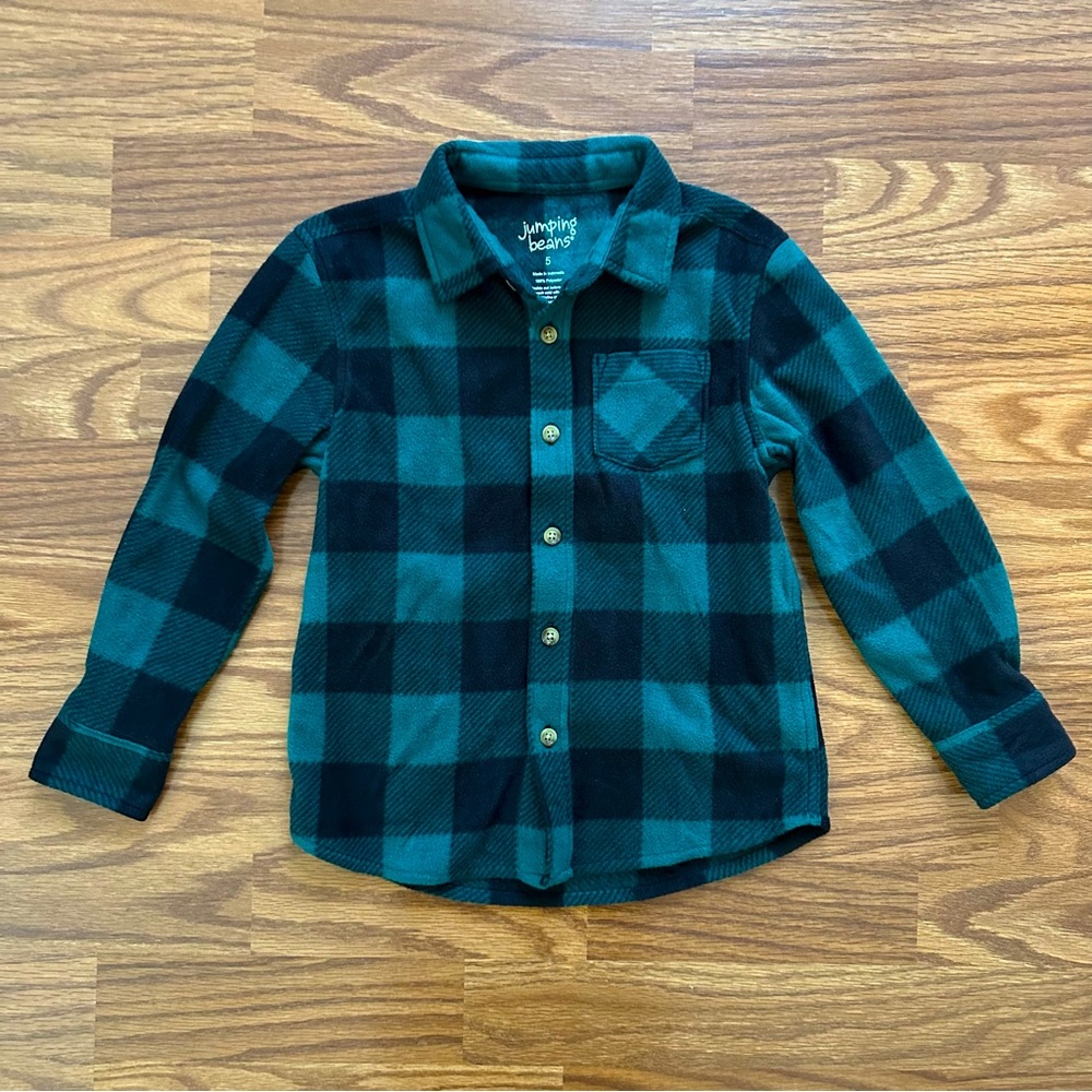 Jumping Beans Boys Size 5 Button Up Shirt Fleece Green Black Buffalo Plaid EUC!